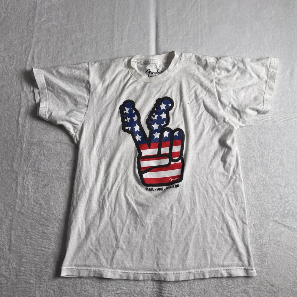 Fender Peace‎ Love Rock N Roll USA Short Sleeve White Shirt Men's Medium Play